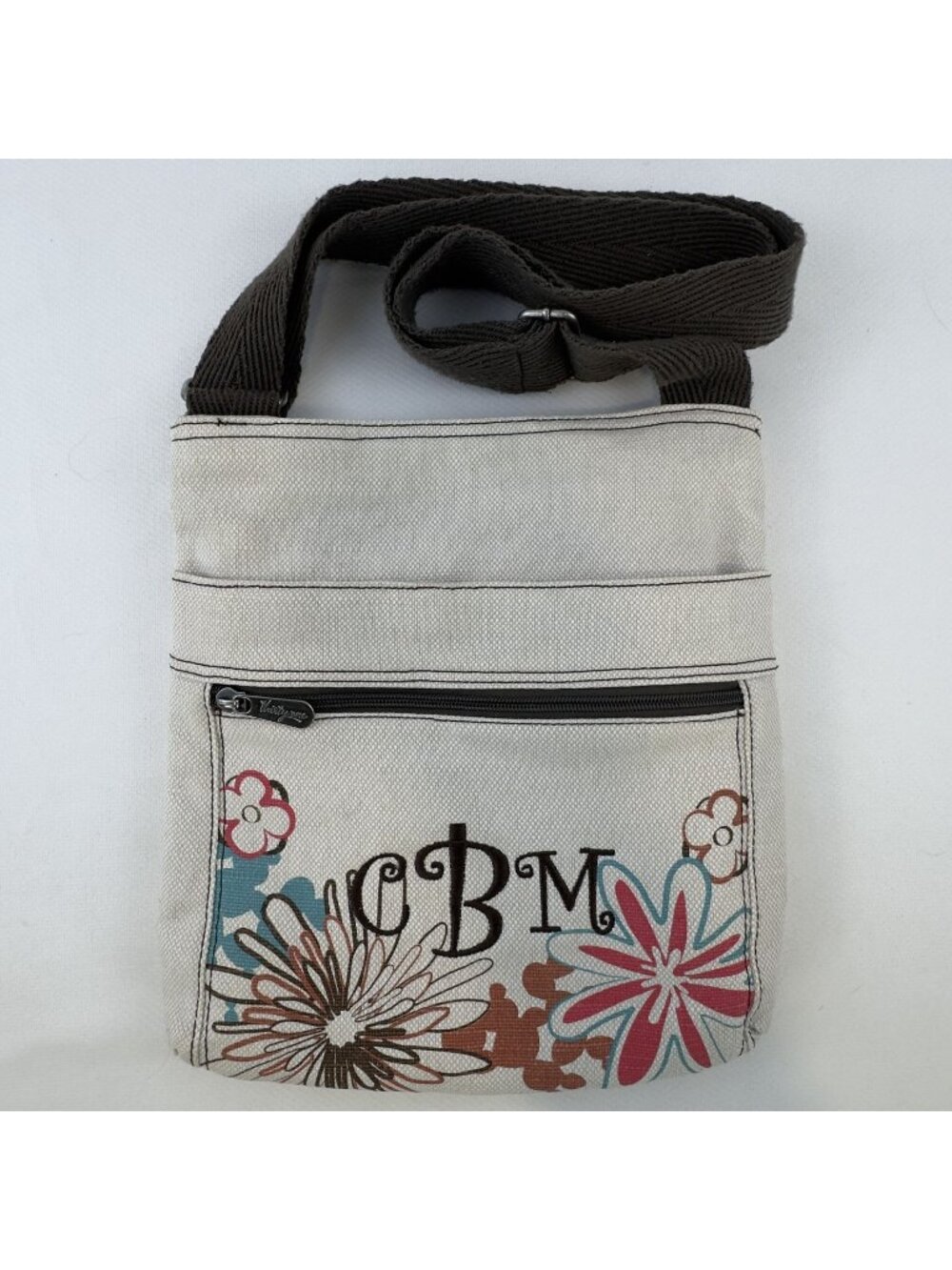 Thirty-One Canvas Crossbody Bag Beige Floral Print Adjustable Strap Monogram CBM